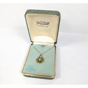 Vintage Van Dell Necklace 12kt Gold Filled Flower Pendant Turquoise Stone in Box
